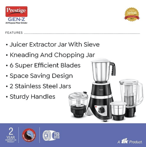 Prestige 750 Watts GEN-Z All Purpose Juicer Mixer Grinder with 4 Jars (1500 ml, 1500 ml, 500 ml)|Kneading,Chopping,Juicer,Grinder Jars|2 years warranty|(Black) - Image 4